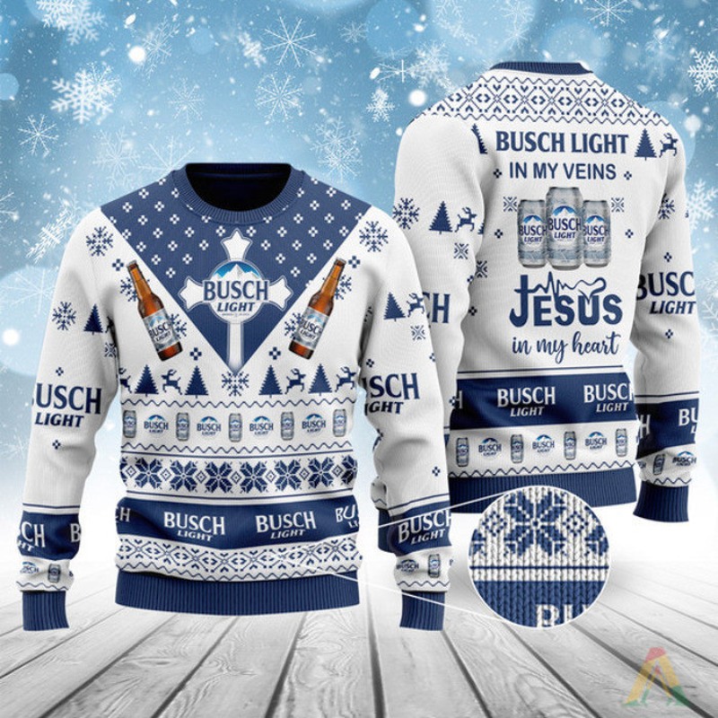 Busch Light Ugly Christmas Sweater In My Veins Jesus In My Heart Busch Light Ugly Christmas Sweater In My Veins Jesus In My Heart