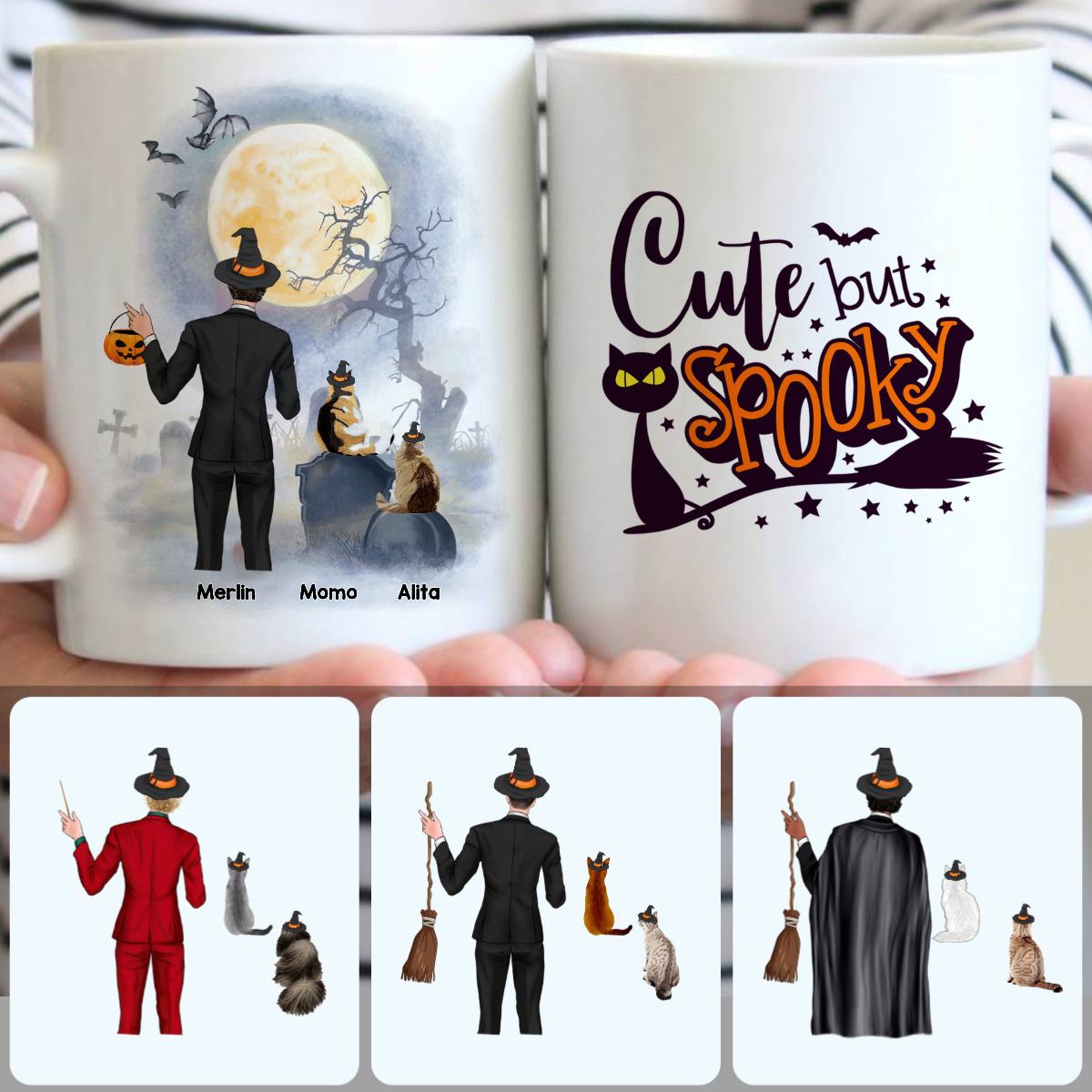 Personalized Mug, Best Halloween Gifts, Dad & 2 Cat Customized Coffee Mug With Names