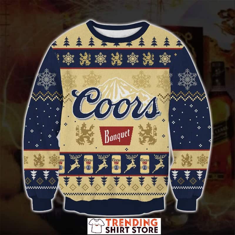 Coors Banquet Ugly Christmas Sweater Snowflakes & Reindeer Pattern Coors Banquet Ugly Christmas Sweater Snowflakes & Reindeer Pattern