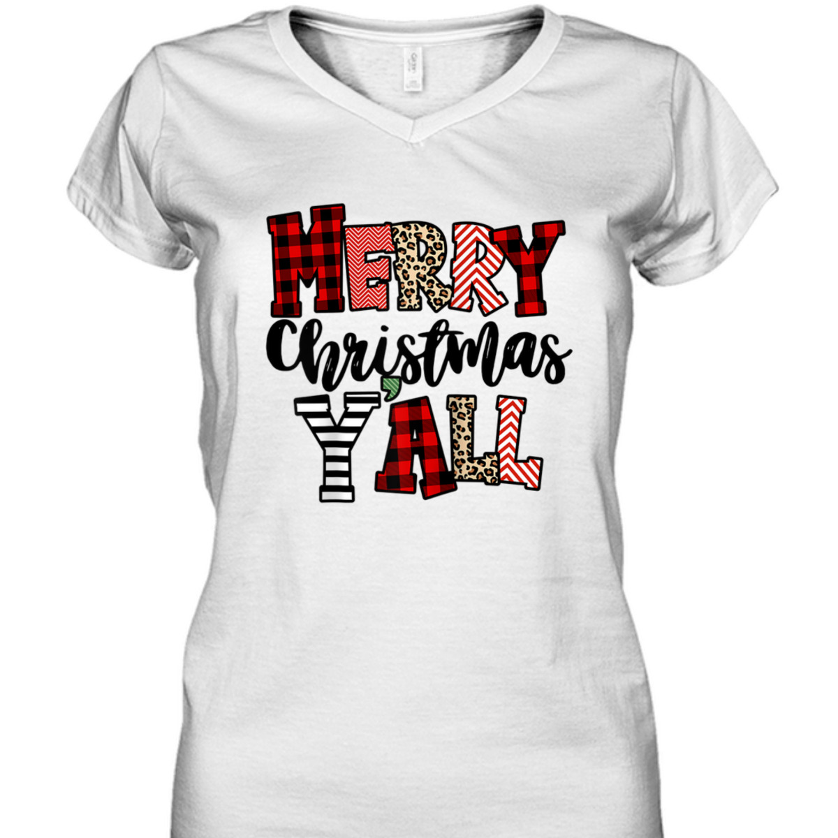 Merry Christmas Y'all Leopard Christmas Holiday Family Squad Raglan Baseball Women's V-Neck T-Shirt