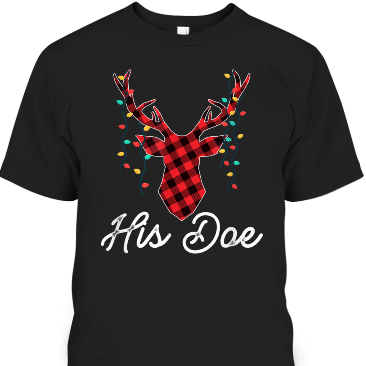 His Doe Reindeer Red Plaid Christmas Pajama Matching Couples T-Shirt