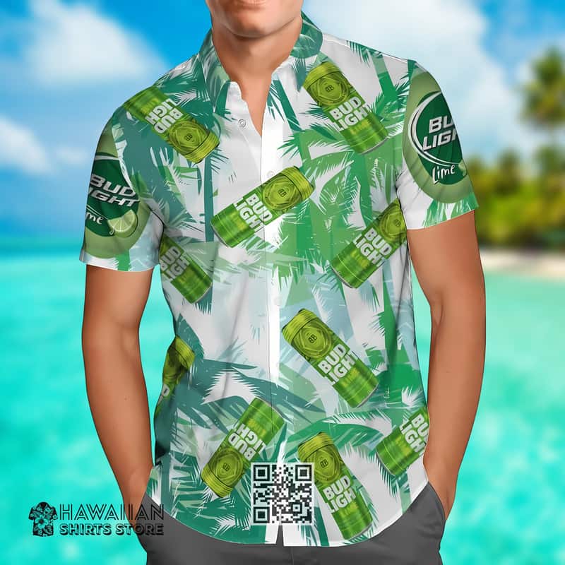 Bud Light Lime Hawaiian Shirt Tropical Palm Leaves