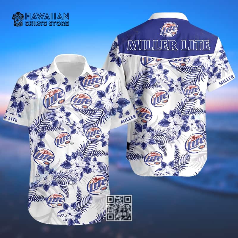 White Aloha Miller Lite Beer Hawaiian Shirt Hibiscus Flower