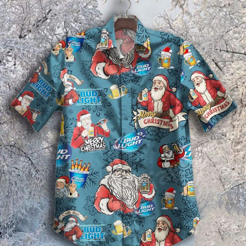 Merry Christmas Happy Santa Claus Drinking Bud Light Beer Hawaiian Shirt Merry Christmas Happy Santa Claus Drinking Bud Light Beer Hawaiian Shirt