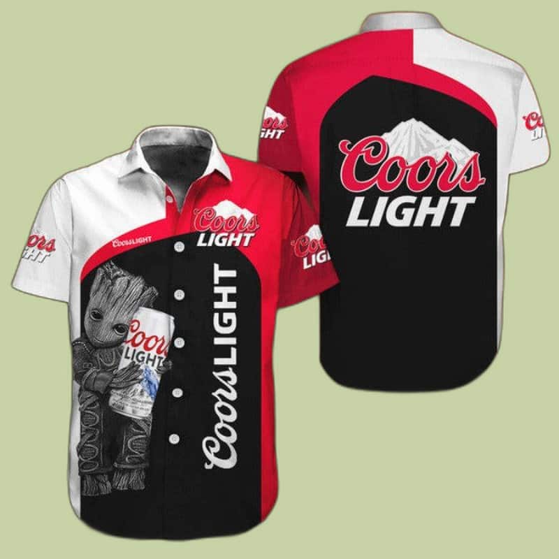 Red Black White Baby Groot Loves Coors Light Beer Hawaiian Shirt