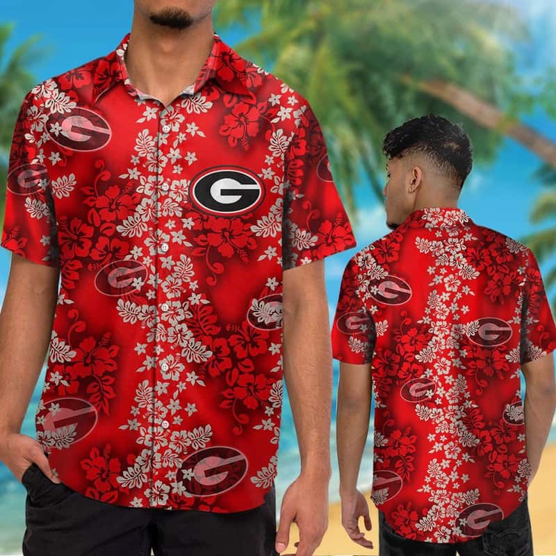 Georgia Bulldogs UGA Hawaiian Shirt Red Tropical Flower Beach Lovers Gift Georgia Bulldogs UGA Hawaiian Shirt Red Tropical Flower Beach Lovers Gift