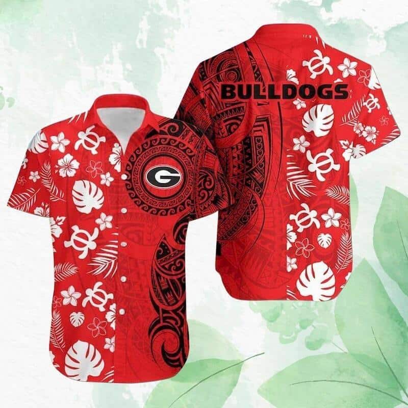 Georgia Bulldogs UGA Hawaiian Shirt Tropical Flowers Leaves & Tribal Pattern Georgia Bulldogs UGA Hawaiian Shirt Tropical Flowers Leaves & Tribal Pattern