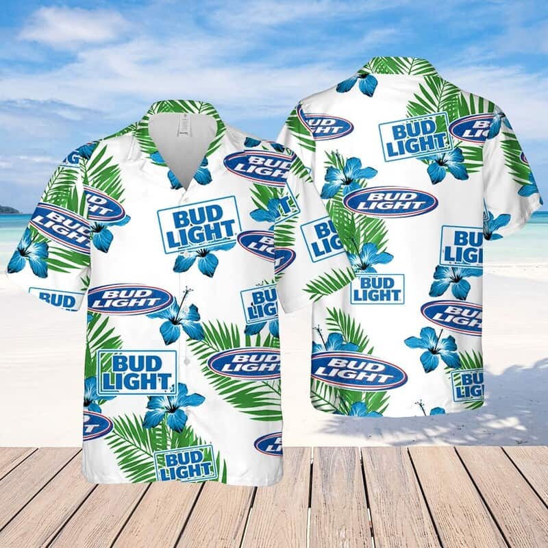Bud Light Beer Hawaiian Shirt Hibiscus Flowers And Palm Leaves Bud Light Beer Hawaiian Shirt Hibiscus Flowers And Palm Leaves