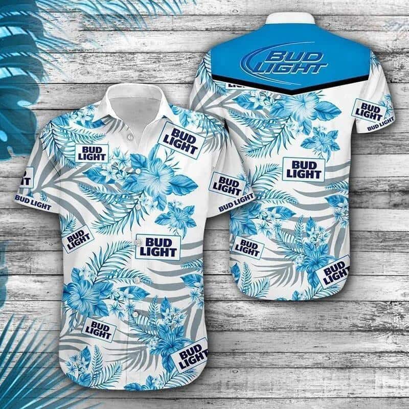 Bud Light Hawaiian Shirt Blue Tropical Flowers
