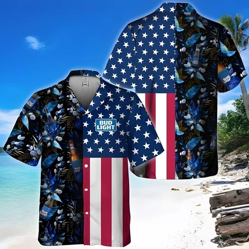 Bud Light Beer Hawaiian Shirt US Flag Tropical Flowers