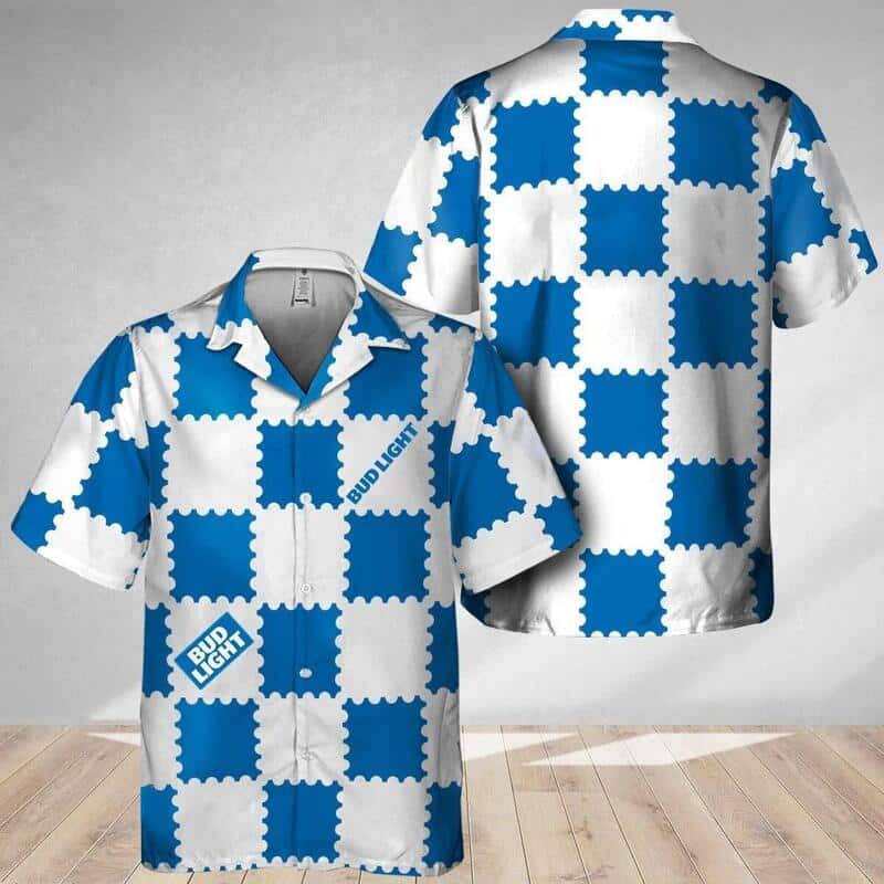 Bud Light Hawaiian Shirt Blue Gingham Pattern Beer Lovers Gift