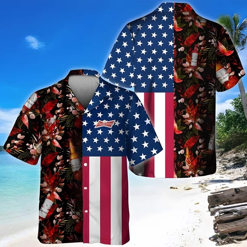 Tropical Flower US Flag Budweiser Beer Hawaiian Shirt Tropical Flower US Flag Budweiser Beer Hawaiian Shirt
