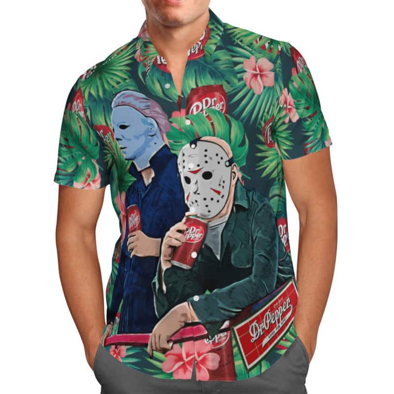 Halloween Michael Myers Vs Jason With Dr Pepper Beer Hawaiian Shirt Halloween Michael Myers Vs Jason With Dr Pepper Beer Hawaiian Shirt