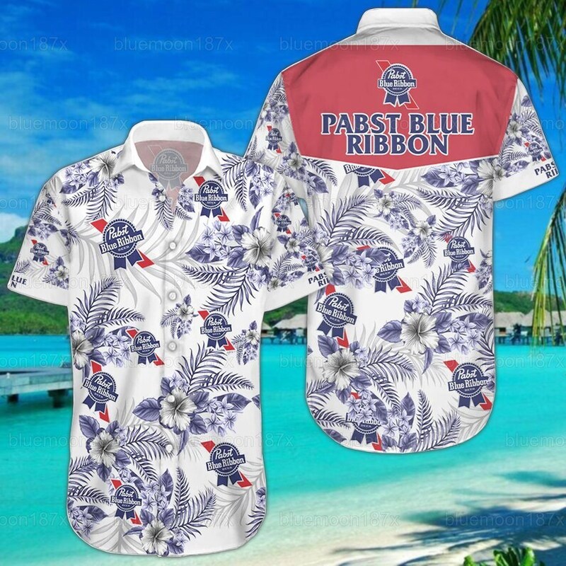 Pabst Blue Ribbon Beer Hawaiian Shirt Tropical Flower Pattern Pabst Blue Ribbon Beer Hawaiian Shirt Tropical Flower Pattern