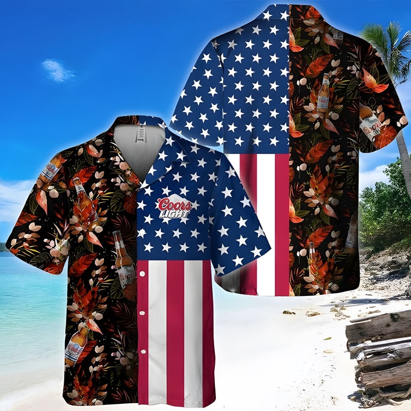 Coors Light Hawaiian Shirt US Flag Tropical Flowers Independence Day Coors Light Hawaiian Shirt US Flag Tropical Flowers Independence Day