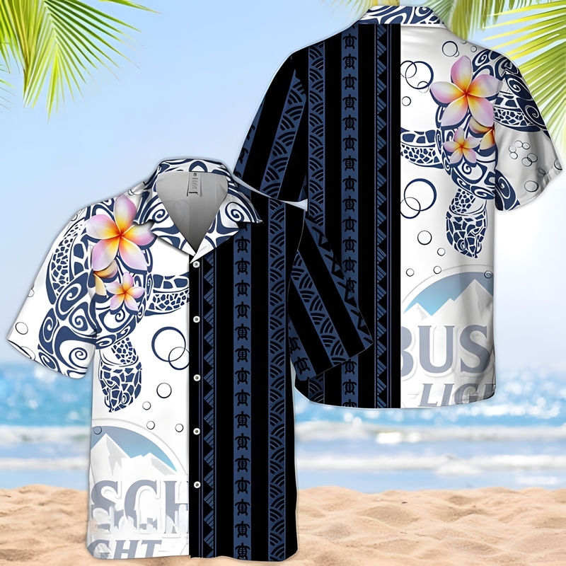 Busch Light Hawaiian Shirt Polynesian Pattern Blend Ocean Turtle Busch Light Hawaiian Shirt Polynesian Pattern Blend Ocean Turtle